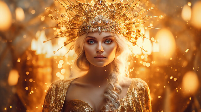  goddess in a gold dress in the image of the burning sun of the universe, flame, generative AI tools 