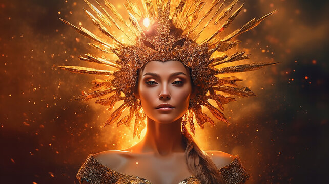  goddess in a gold dress in the image of the burning sun of the universe, flame, generative AI tools 