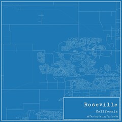 Blueprint US city map of Roseville, California.