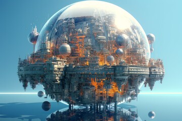 Huge futuristic ball with bstract city architecture inside made with generative Ai