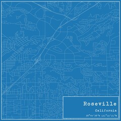 Blueprint US city map of Roseville, California.