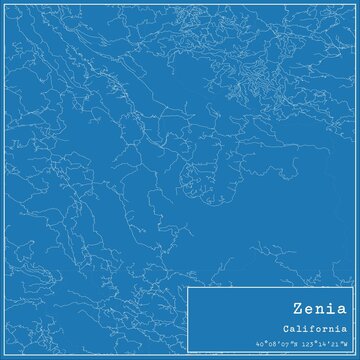 Blueprint US city map of Zenia, California.