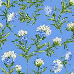 Fototapeta na wymiar Beautiful cornflowers in vintage style with leaves close-up as a background.