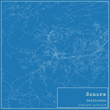 Blueprint US city map of Sonora, California.