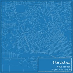 Blueprint US city map of Stockton, California.
