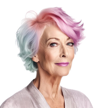 Portrait of a senior woman with pastel color short hair isolated on transparent background, PNG. Generative AI