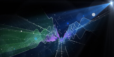 Abstract background graph  wavy color graph  with dots in light  on dark. Big Data. Technology wireframe interlacement concept in virtual space. Banner for business, science and technology.