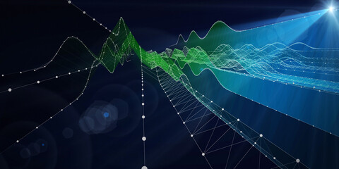 Abstract background graph  wavy grid with dots and spot on dark. Big Data. Technology wireframe interlacement concept in virtual space. Banner for business, science and technology data analytics.