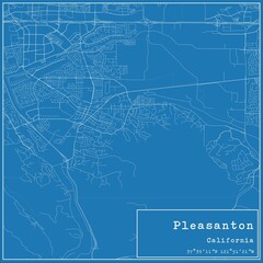 Blueprint US city map of Pleasanton, California.