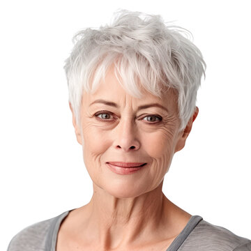 Older beautiful woman with grey color short hair smiling isolated on transparent background, PNG. Generative AI