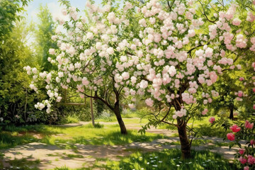 Blooming trees in the garden on a sunny day.
