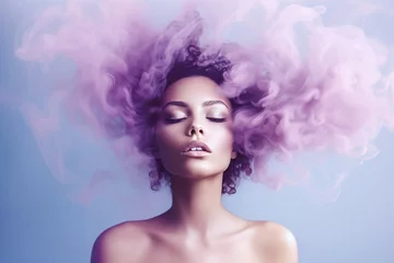 Photo sur Plexiglas Fumée Young woman surrounded by a purple pink cloud of smoke on isolated pastel blue background. Abstract fashion concept. Close-up portrait of top model. Image generated by artificial intelligence.