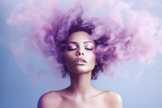 Young woman surrounded by a purple pink cloud of smoke on isolated pastel blue background. Abstract fashion concept. Close-up portrait of top model. Image generated by artificial intelligence.