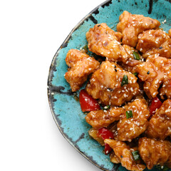 Plate with tasty sweet and sour chicken on white background, closeup