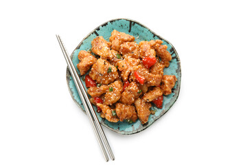 Plate with tasty sweet and sour chicken on white background