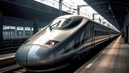 High speed Sky train electric train with city urban life background. Transportation and traffic concept. Generative AI