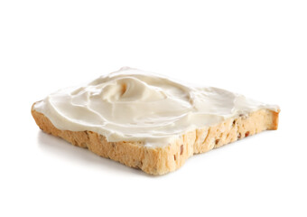 Tasty toast with cream cheese on white background