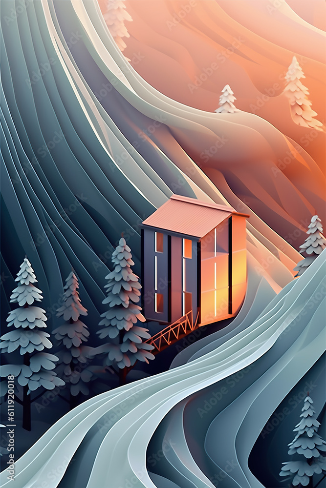 Poster a house in the middle of a snowy landscape. generative ai. abstract wavy patterns in blue and orange