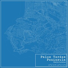 Blueprint US city map of Palos Verdes Peninsula, California.