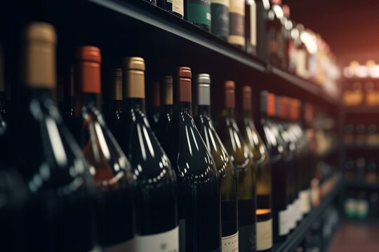 Blurred wine bottles on alcohol shelves background in supermarket. Generative AI