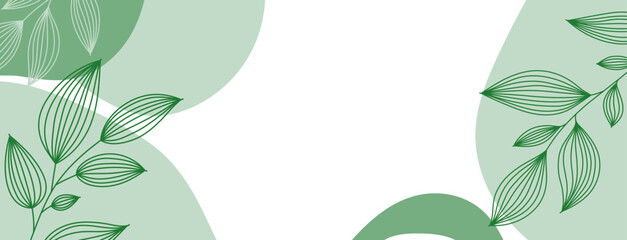 Abstract green botanical minimal background with organic shapes and line leaves. Design for banner, website, flyer, cover