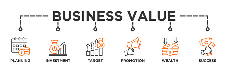 Business Value  banner web icon vector illustration concept with icon of investment, planning, target, promotion, wealth, success