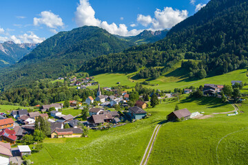 Fototapeta na wymiar The village of Gurtis by Nenzing, Walgau Valley, State of Vorarlberg, Austria. Drone Photography