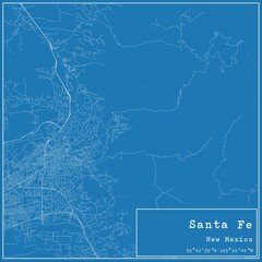 Blueprint US city map of Santa Fe, New Mexico.