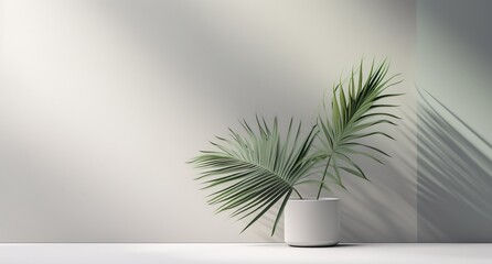 Blank clean polished gray wall and floor, green palm tree in white pot in dappled sunlight, shadow for luxury interior design decoration, product display background, Generative ai