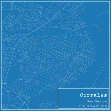 Blueprint US city map of Corrales, New Mexico.