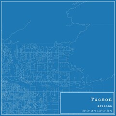Blueprint US city map of Tucson, Arizona.