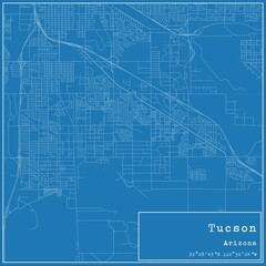 Blueprint US city map of Tucson, Arizona.