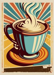 Vintage retro cups of coffee. Advertising poster 50s, 60s, coffee sale. Grunge poster. AI Generated