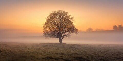 Solitary Tree in Misty Dawn Background - AI Generated