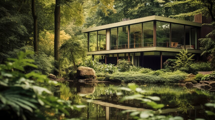 Generative ai illustration of modernist-looking house in a green paradise