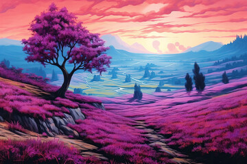 Fairy tale landscape of bright purple blooming landscape. - obrazy, fototapety, plakaty