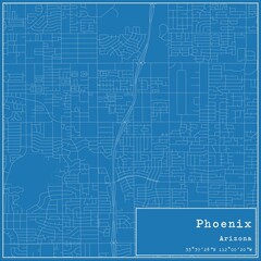 Blueprint US city map of Phoenix, Arizona.