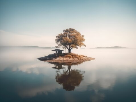 Tiny Island in Calm Lake - AI Generated