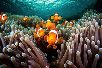 School of Orange Clownfish - AI Generated - obrazy, fototapety, plakaty
