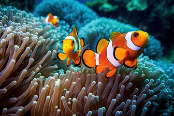 Fototapeta na wymiar School of Orange Clownfish - AI Generated