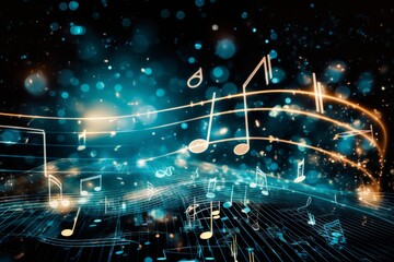Illustration of a musical background with colorful notes and glowing lights created with Generative AI technology