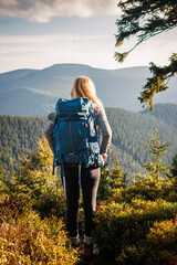 Woman with backpack hiking in mountain forest. Tourist trekking in nature