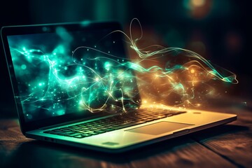 Illustration of a laptop computer on a wooden table created with Generative AI technology