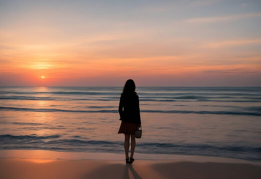 person walking on the beach at sunset, A women standing in beach sunset. ai generated