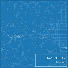 Blueprint US city map of Del Norte, Colorado.