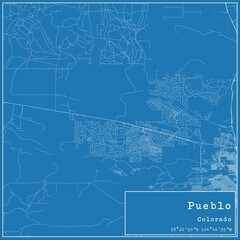 Blueprint US city map of Pueblo, Colorado.