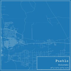 Blueprint US city map of Pueblo, Colorado.