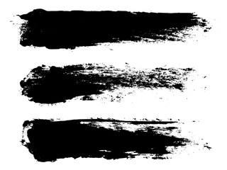 Set of black abstract brush strokes. Ink stain isolated on white background. Grainy textured design elements. Vector illustration, eps 10.