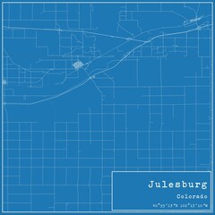 Blueprint US city map of Julesburg, Colorado.