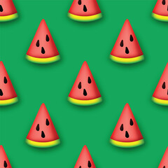 Seamless Pattern with Colorful Cute Watermelon Slice in Modern Plastic Style. Trendy Cartoon Texture. Realistic Object. Modern Concept. Vector 3d Illustration